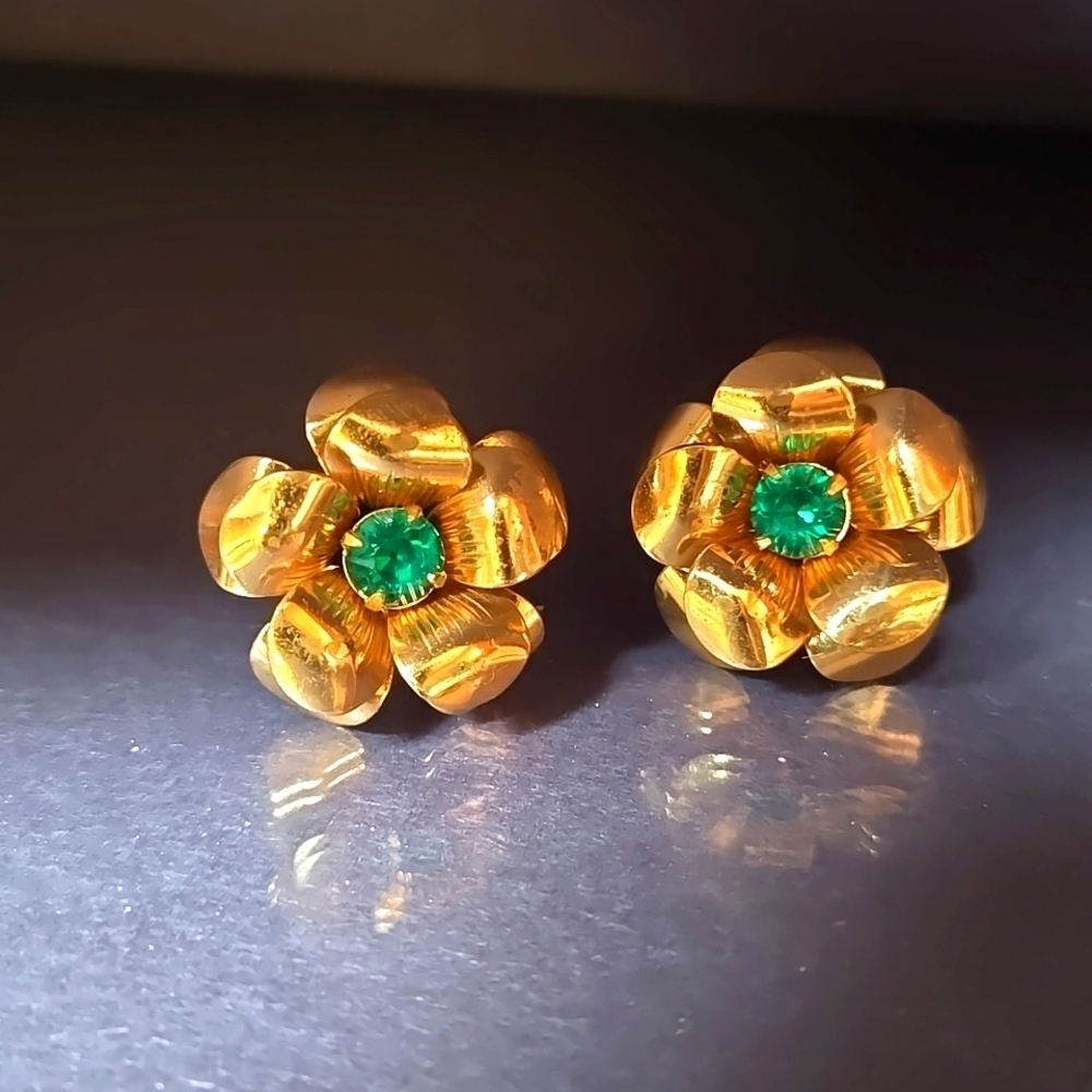 Coro Gold Tone 3D Flower Earrings with Green Stone